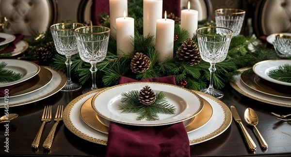 Obraz Elegant christmas table setting with gold rimmed plates and crystal wine glasses arranged nicely