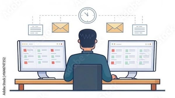 Fototapeta Person working on dual monitors with email and time management icons