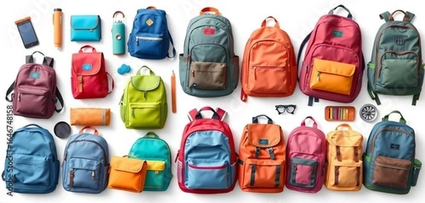 Obraz Flat lay vector illustration of diverse backpacks and schoolbags on white background,  modern,  gear