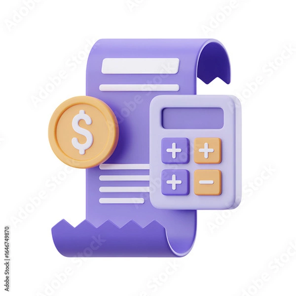 Fototapeta 3D accounting icon with receipt calculator and dollar coin