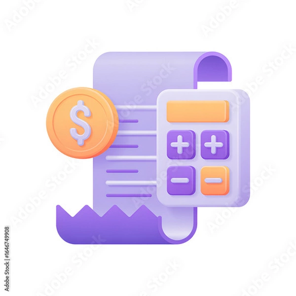 Fototapeta 3D accounting icon with receipt calculator and dollar coin