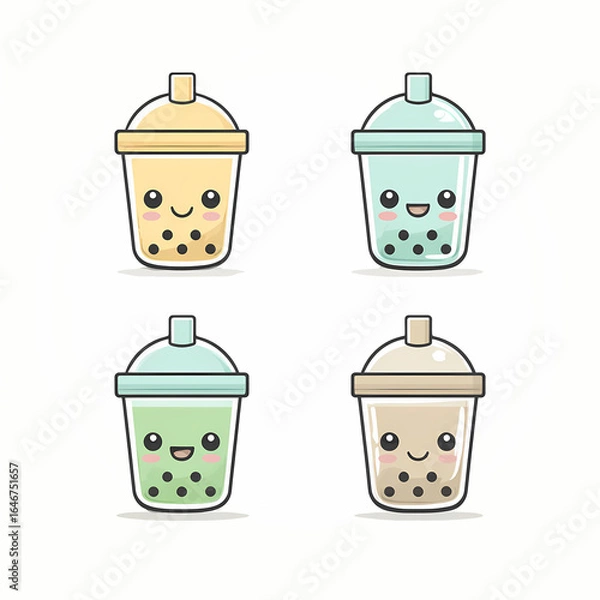 Obraz Adorable array of bubble tea characters with smiling faces various flavors and colors set on a clean white background