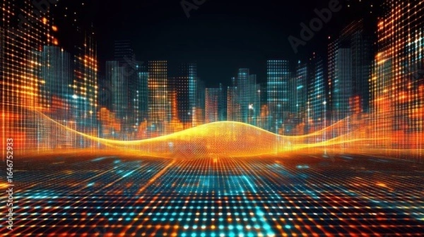 Fototapeta Futuristic digital cityscape with glowing lines and dot patterns abstract background