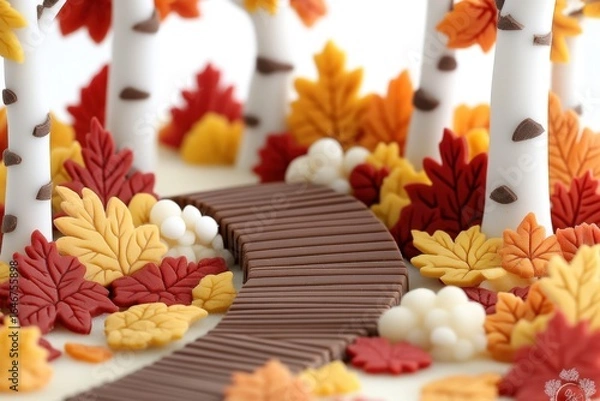 Fototapeta Charming Autumn Cake Featuring Colorful Fondant Leaves, Chocolate Pathway, and Whimsical White Trees Capturing the Essence of Fall in Dessert Form
