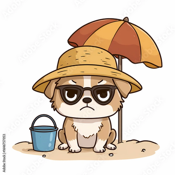 Fototapeta A grumpy cartoon dog at the beach wearing a hat and sunglasses under a beach umbrella with a pail next to it Sunny but no smiles!