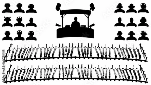 Obraz Silhouette illustration of a dj booth with speakers and a crowd wearing headphones in a venue setting
