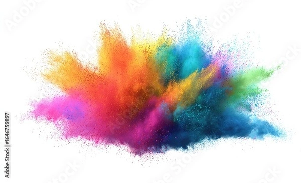 Fototapeta Vibrant explosion of colored powder.  A colorful cloud of multicolored powder bursts outwards against a plain white background. 