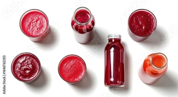 Fototapeta Assortment of red fruit juices and smoothies in glasses and bottles isolated on white background