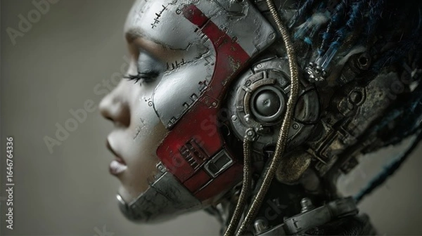 Fototapeta Female Android with Silver Metallic Parts and Blue Dreadlocks Profile View