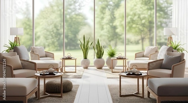 Fototapeta Tranquil modern lounge area with large windows overlooking a lush garden.