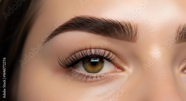 Fototapeta Close-up of a woman's face, showcasing well-groomed eyebrows and eyes with applied false lashes.