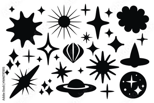 Fototapeta Retrofuturistic stars, sparks, flashes, flat silhouettes set isolated flat vector illustration on white background