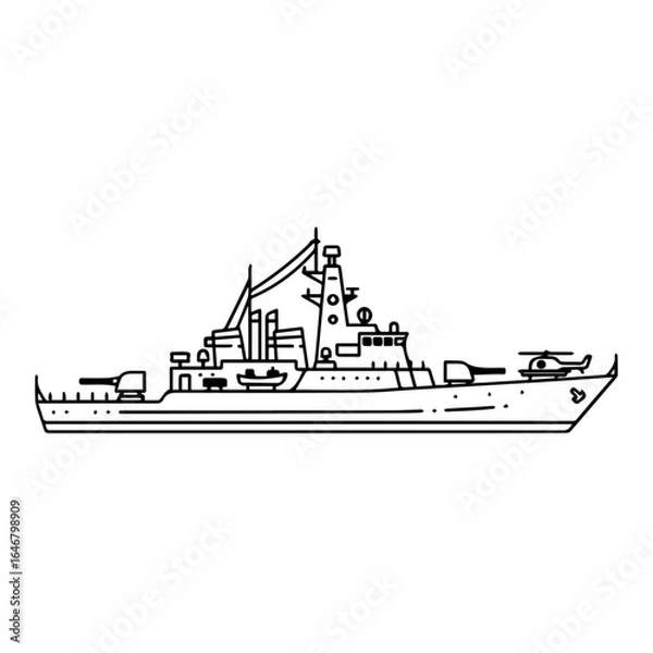Fototapeta Monochromatic outline illustration of a modern naval warship, featuring deck-mounted weaponry and a helipad with a helicopter, symbolizing maritime defense and national security.