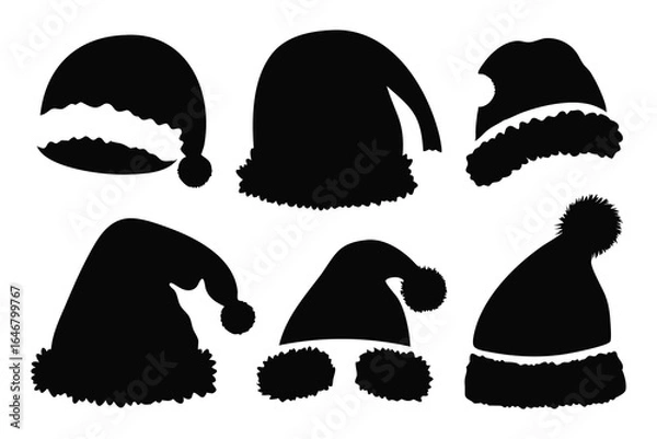 Fototapeta Santa hats in various angles silhouettes set Vector illustration on white background.