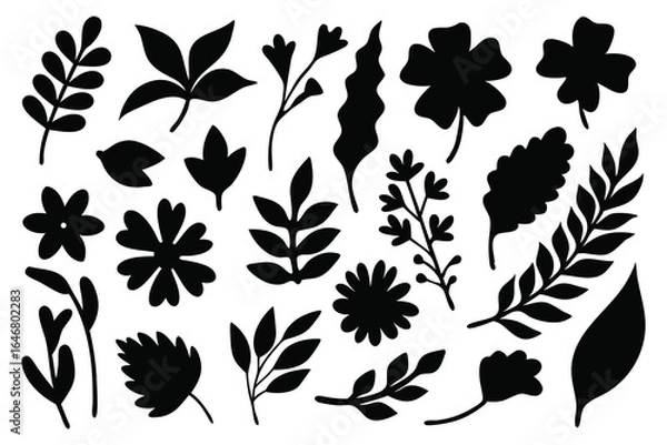 Fototapeta Simple botanical elements silhouettes set isolated flat vector illustration on white background.