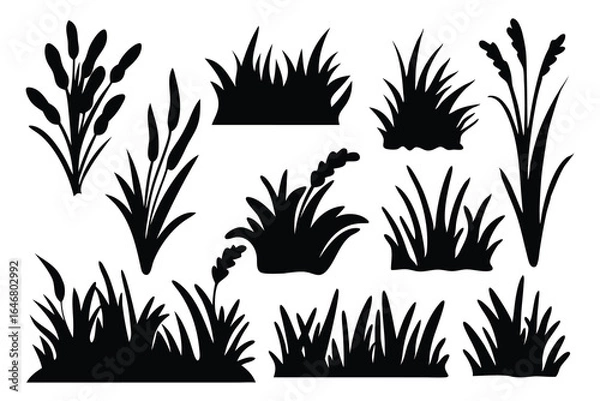 Fototapeta Small grass bundle silhouettes set Vector illustration on white background.