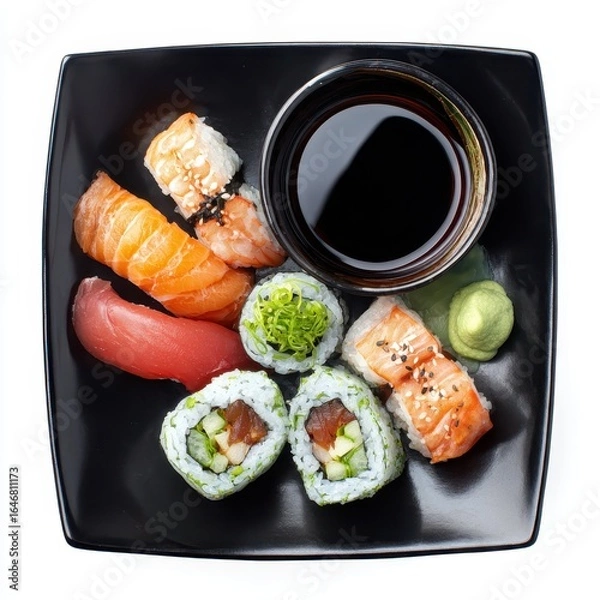 Fototapeta A black plate with sui and sauce on it