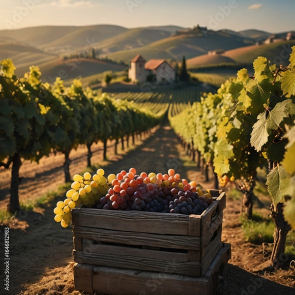 Obraz 秋のブドウ畑で、熟したブドウが木に実り、遠くに丘が広がるシーン