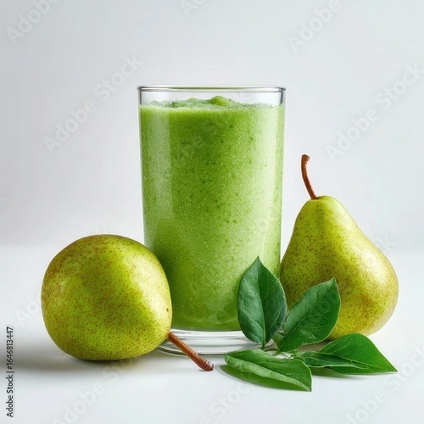 Obraz A glass filled with green smoothie next to two pears
