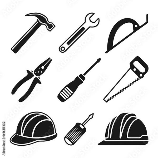 Fototapeta Black and white icons of construction tools and safety helmets on white background hammer