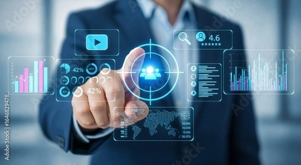 Obraz Businessman Engaging with Futuristic Digital Interface Activating Innovation and Global Connectivity Concepts