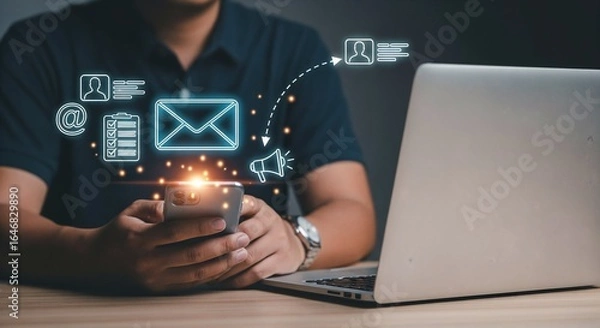 Obraz Digital Communication and Social Media Marketing Concepts on Smartphone Screen with Email Chat and Like Icons