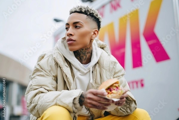 Obraz Person enjoying a colorful street food meal while sitting on a curb in an urban environment