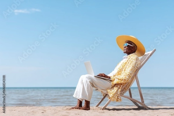 Fototapeta Relaxing on the beach with a laptop in hand while enjoying the sun and sea breeze