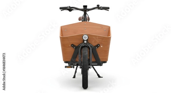 Obraz Front view of a cargo bicycle with a wooden crate Black frame brown wooden box