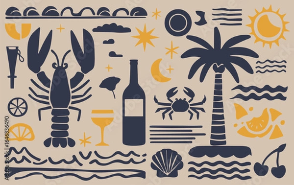 Fototapeta Abstract beach-themed illustration in dark blue and yellow on a beige background. Includes lobsters, palm trees, a crab, waves, and a sun, evoking a tropical vibe.