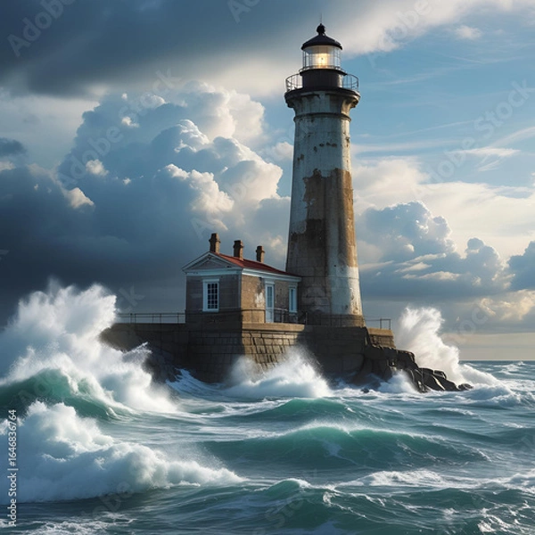 Obraz 海岸に立つ古い灯台と荒々しい波が打ち寄せるシーン