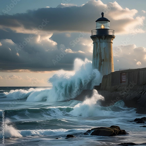 Obraz 海岸に立つ古い灯台と荒々しい波が打ち寄せるシーン