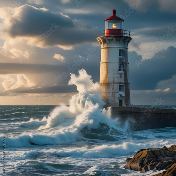 Obraz 海岸に立つ古い灯台と荒々しい波が打ち寄せるシーン