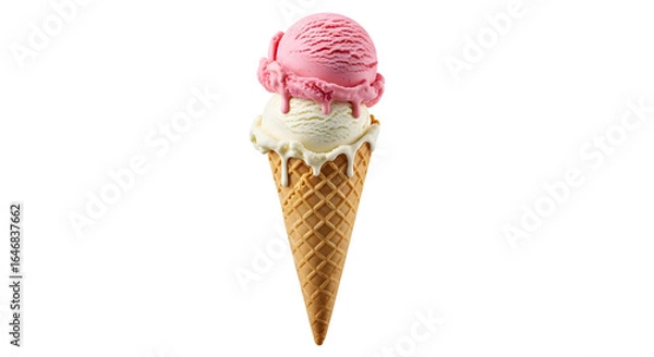 Obraz Double scoop ice cream cone strawberry and vanilla melting Waffle cone with dripping ice cream