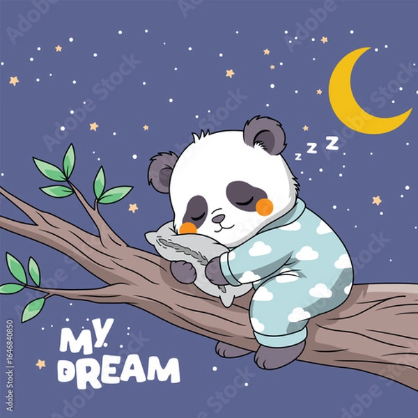 Obraz Cartoon panda in cloud pajamas sleeping on branch under night sky
