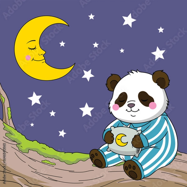 Obraz Cartoon panda in pajamas holding pillow sitting on tree under moon
