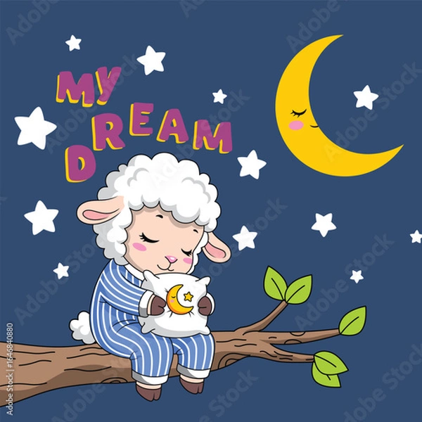 Obraz Cartoon sheep in pajamas sleeping on branch under moon and stars
