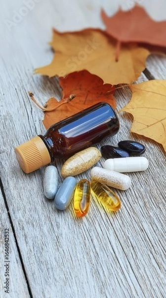 Fototapeta Assorted Capsules Liquid Bottle and Autumn Leaves on Wooden Surface Supplements