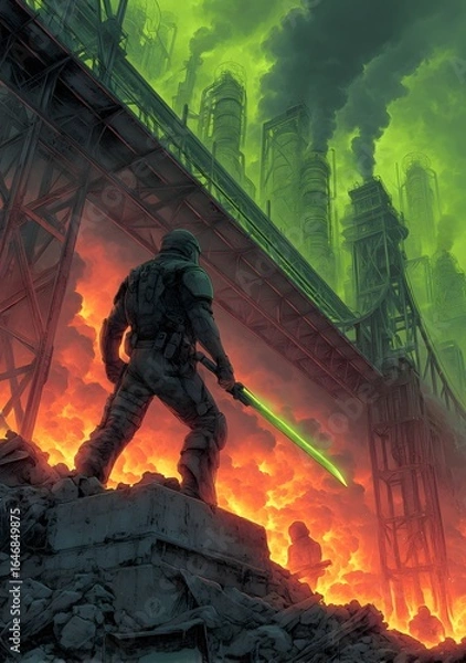 Obraz Warrior in Black and Green Armor on Rugged Terrain