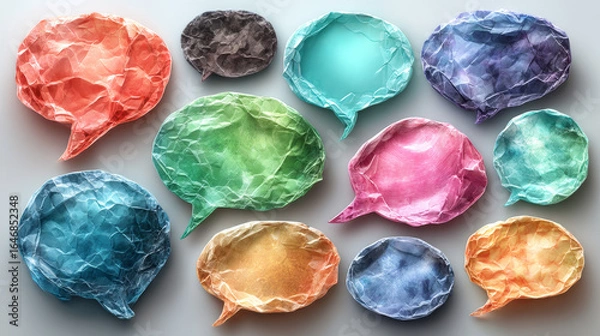 Fototapeta Set of multicolored speech and thought bubbles in modern sticker style. Realistic wrinkled texture with copy space. Isolated dialogue balloons for notes, collages, or school design. Vector illustratio