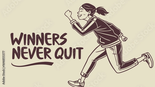 Fototapeta Energetic runner girl with inspirational quote on beige background 