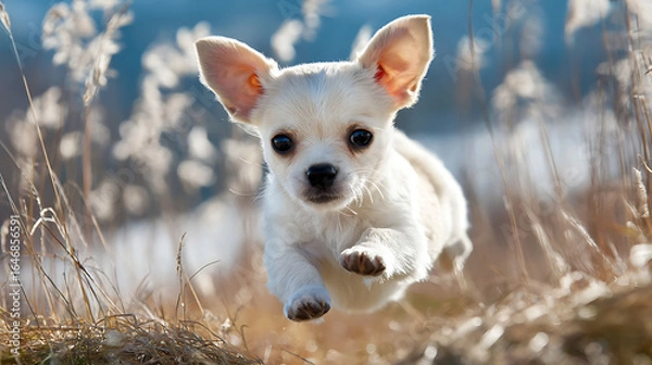 Fototapeta Tiny chihuahua puppy jumping over grass mounds with excitement, showing adorable pet activity.