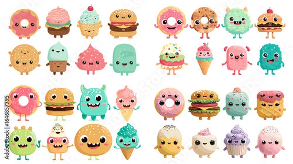 Fototapeta Fun cartoon collection of donuts, burgers, ice creams, and cupcakes with adorable monster faces, colorful dessert characters isolated on white.