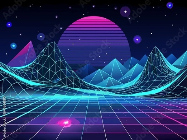 Fototapeta Retro 80s or 90s style landscape with mountains, moon and stars. Vector illustration