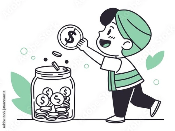 Fototapeta illustration of a man saving money in a jar with coins,Illustration of a Kid Boy Putting Money into a Glass Jar with Coins