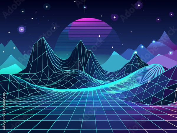 Fototapeta Retro 80s or 90s style landscape with mountains, moon and stars. Vector illustration