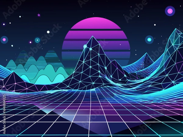 Fototapeta Retro 80s or 90s style landscape with mountains, moon and stars. Vector illustration