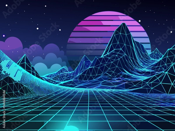 Fototapeta Retro 80s or 90s style landscape with mountains, moon and stars. Vector illustration