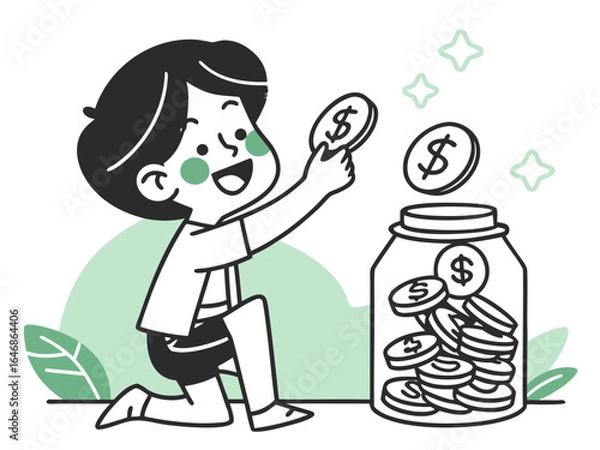 Fototapeta illustration of a man saving money in a jar with coins,Illustration of a Kid Boy Putting Money into a Glass Jar with Coins