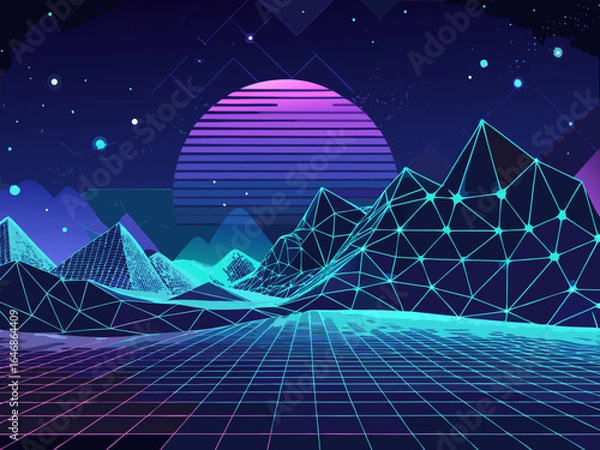 Fototapeta Retro 80s or 90s style landscape with mountains, moon and stars. Vector illustration